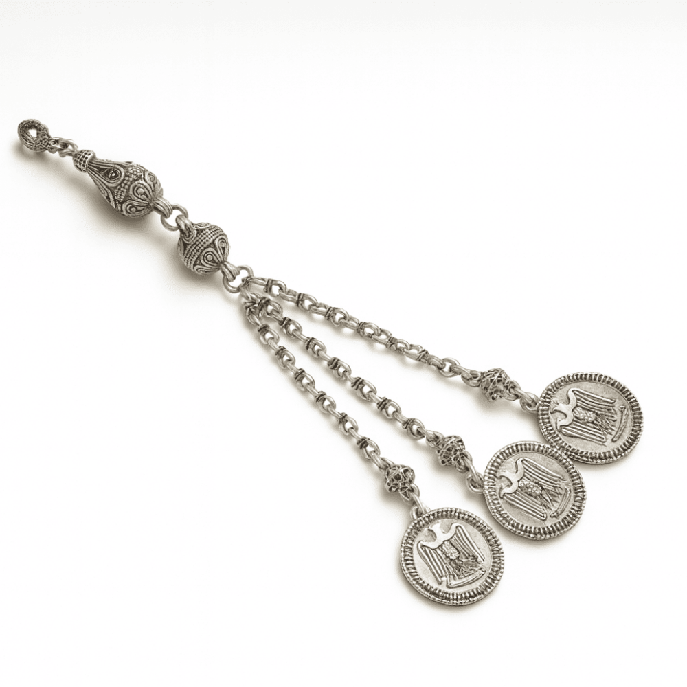 Selçuklu Kartalı Temalı Gümüş Renk Doch Zincirli Üç Kamçılı Kararmaz Metal Püskül - 2