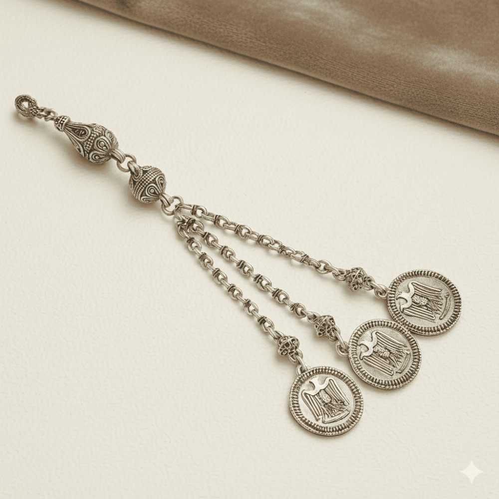 Selçuklu Kartalı Temalı Gümüş Renk Doch Zincirli Üç Kamçılı Kararmaz Metal Püskül - 3