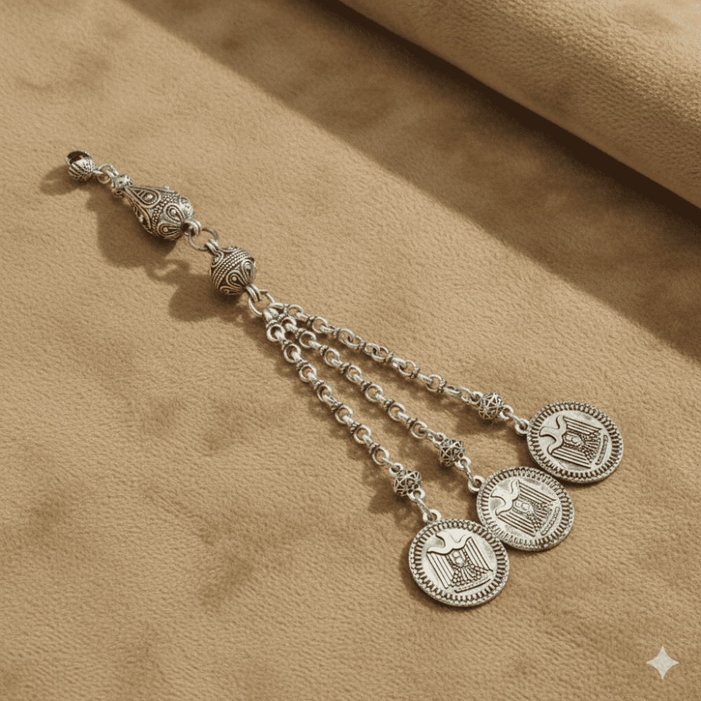 Selçuklu Kartalı Temalı Gümüş Renk Doch Zincirli Üç Kamçılı Kararmaz Metal Püskül - 4