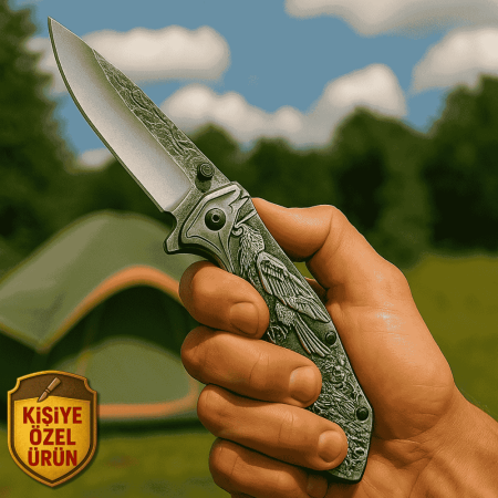 Sibirya Kartal Desenli Metal Saplı İsme Özel 9Cr18MoV Kalite Paslanmaz Çelik Avcı Kamp Bıçağı - Tesbihane