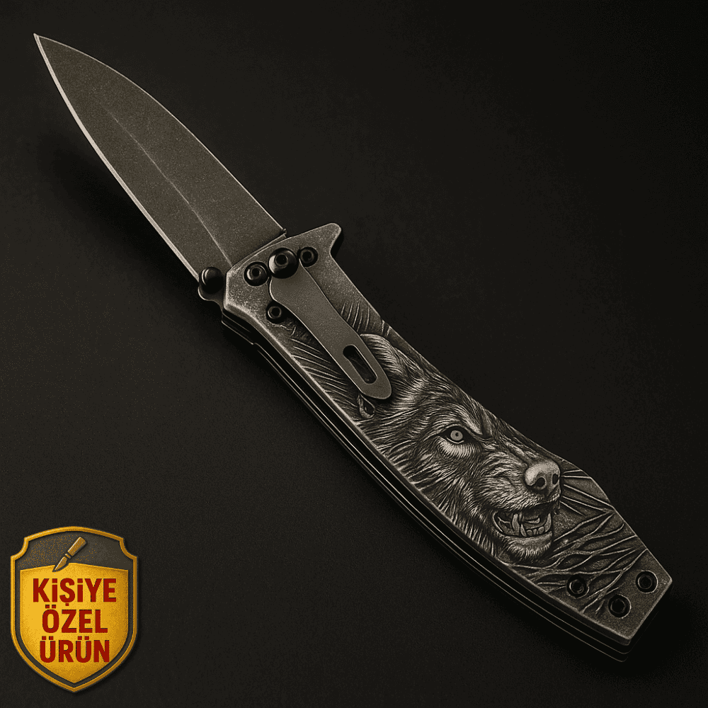 Sibirya Kurt Desenli Metal Saplı İsme Özel Yazılı 9Cr18MoV Kalite Paslanmaz Çelik Avcı Kamp Bıçağı - 3