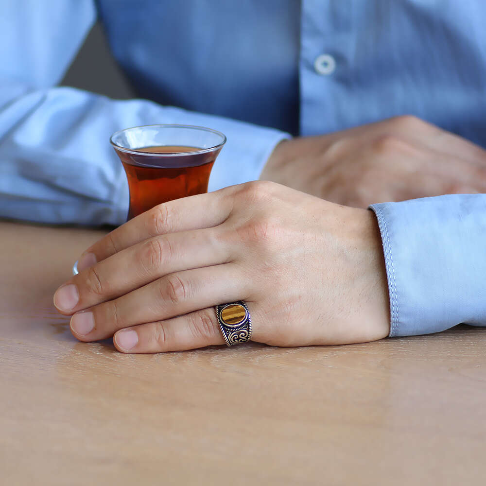 Şık Tasarım Kaplangözü Taşlı 925 Ayar Gümüş Erkek Yüzük - 2