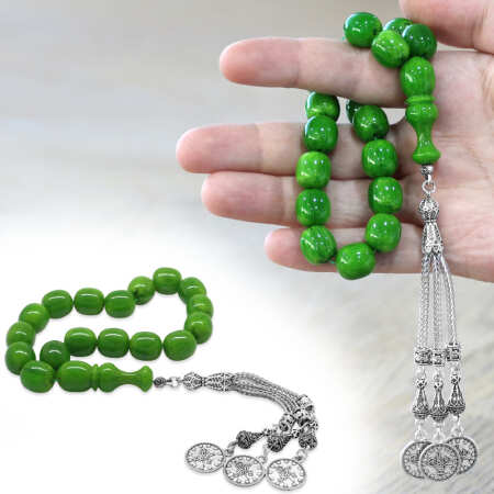 Sıkma Kehribar Efe Tesbih - 3 Kamçılı Kararmaz Metal Püsküllü - Hareli Yeşil Renk - Kapsül Kesim - Tesbihane