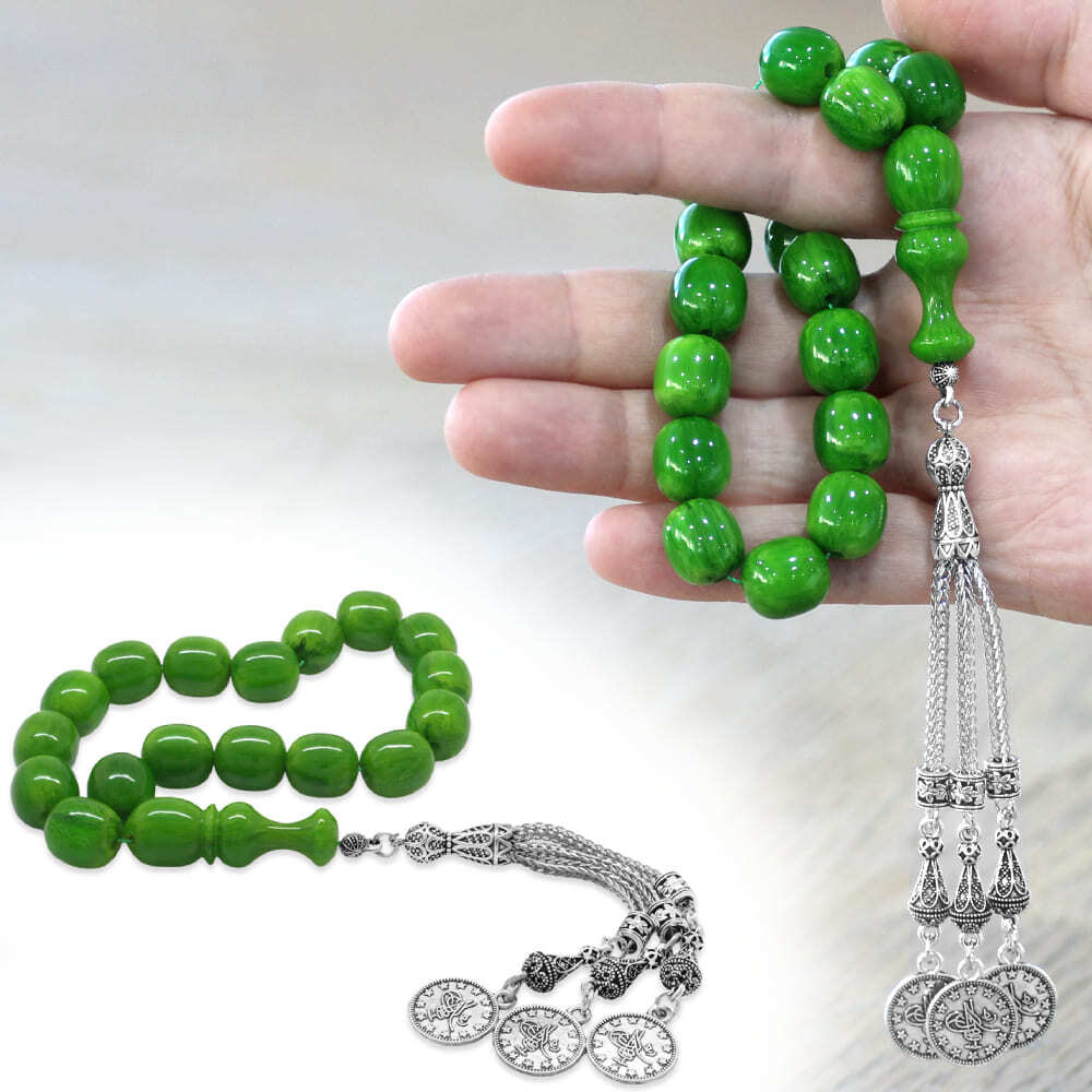 Sıkma Kehribar Efe Tesbih - 3 Kamçılı Kararmaz Metal Püsküllü - Hareli Yeşil Renk - Kapsül Kesim - 1