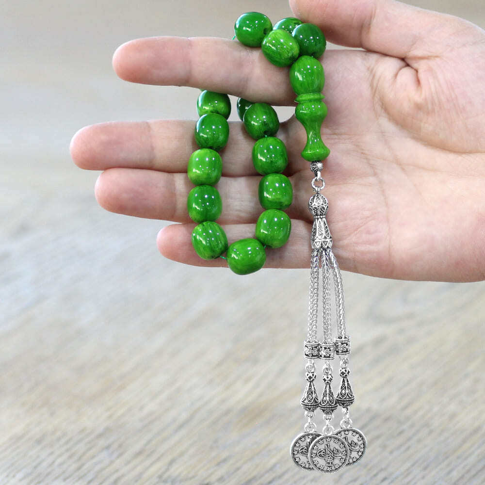 Sıkma Kehribar Efe Tesbih - 3 Kamçılı Kararmaz Metal Püsküllü - Hareli Yeşil Renk - Kapsül Kesim - 2