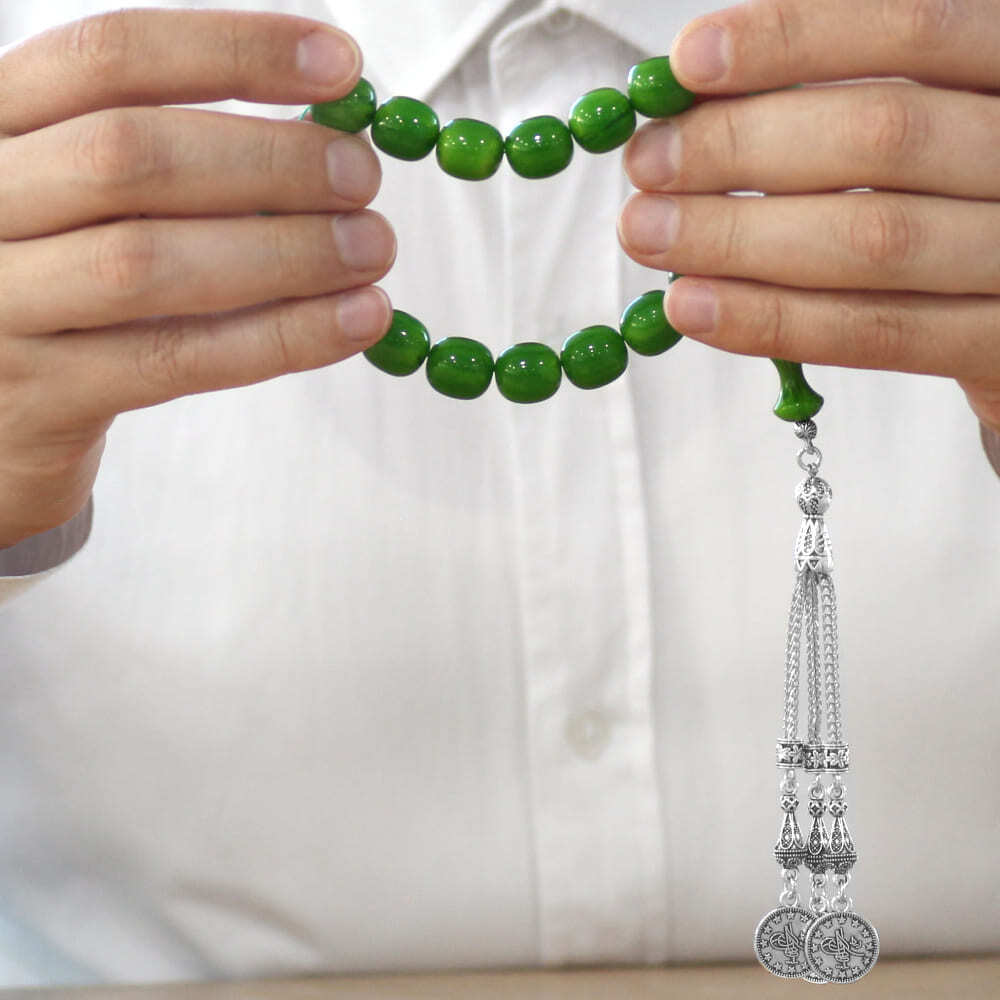 Sıkma Kehribar Efe Tesbih - 3 Kamçılı Kararmaz Metal Püsküllü - Hareli Yeşil Renk - Kapsül Kesim - 3