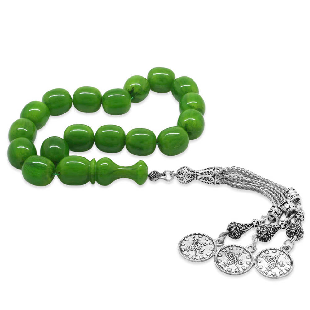 Sıkma Kehribar Efe Tesbih - 3 Kamçılı Kararmaz Metal Püsküllü - Hareli Yeşil Renk - Kapsül Kesim - 4
