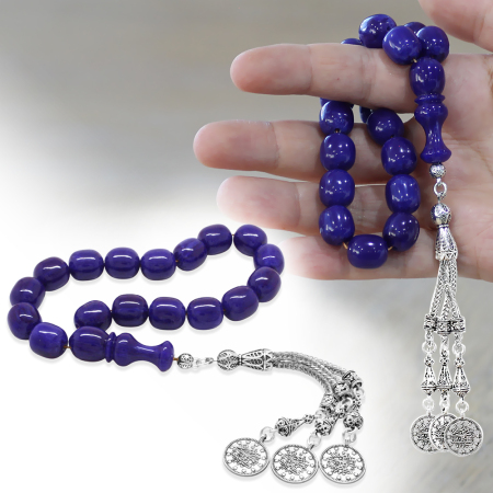 Sıkma Kehribar Efe Tesbih - 3 Kamçılı Kararmaz Metal Püsküllü - Lacivert Renk - Kapsül Kesim - Tesbihane