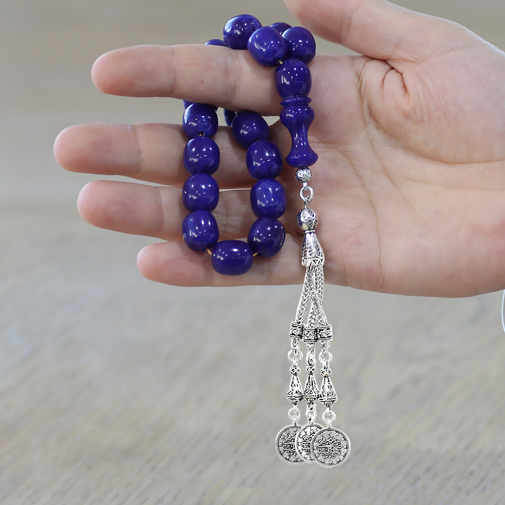 Sıkma Kehribar Efe Tesbih - 3 Kamçılı Kararmaz Metal Püsküllü - Lacivert Renk - Kapsül Kesim - 2