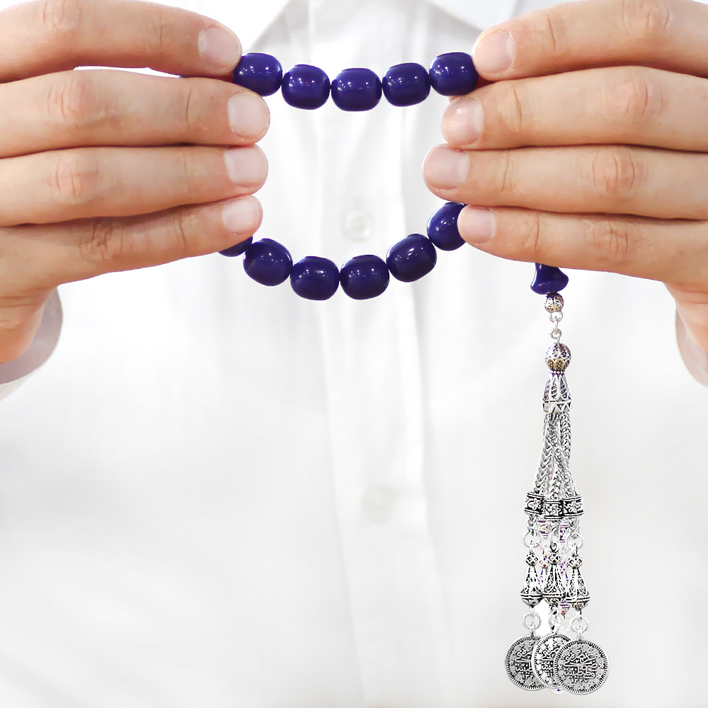 Sıkma Kehribar Efe Tesbih - 3 Kamçılı Kararmaz Metal Püsküllü - Lacivert Renk - Kapsül Kesim - 3