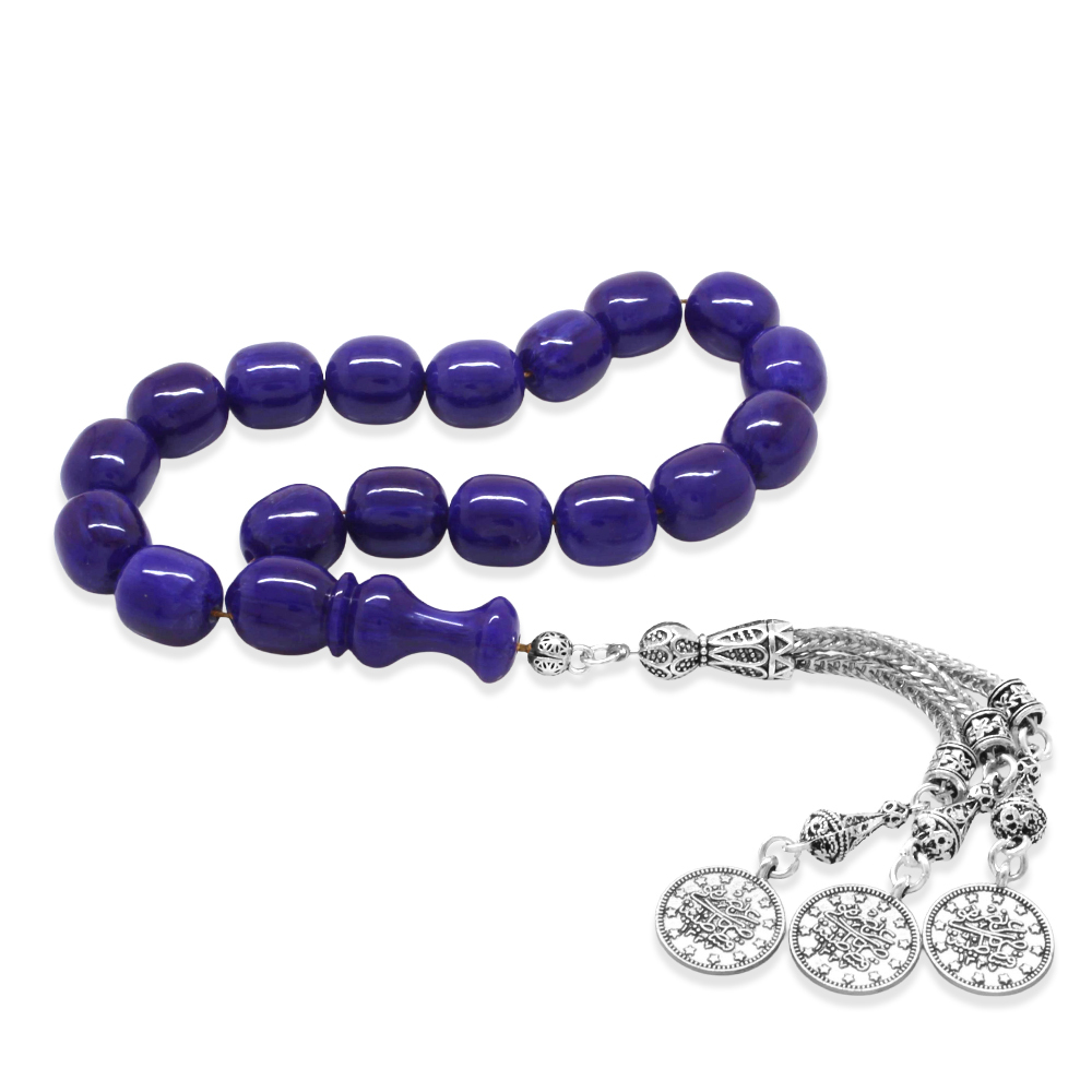 Sıkma Kehribar Efe Tesbih - 3 Kamçılı Kararmaz Metal Püsküllü - Lacivert Renk - Kapsül Kesim - 4