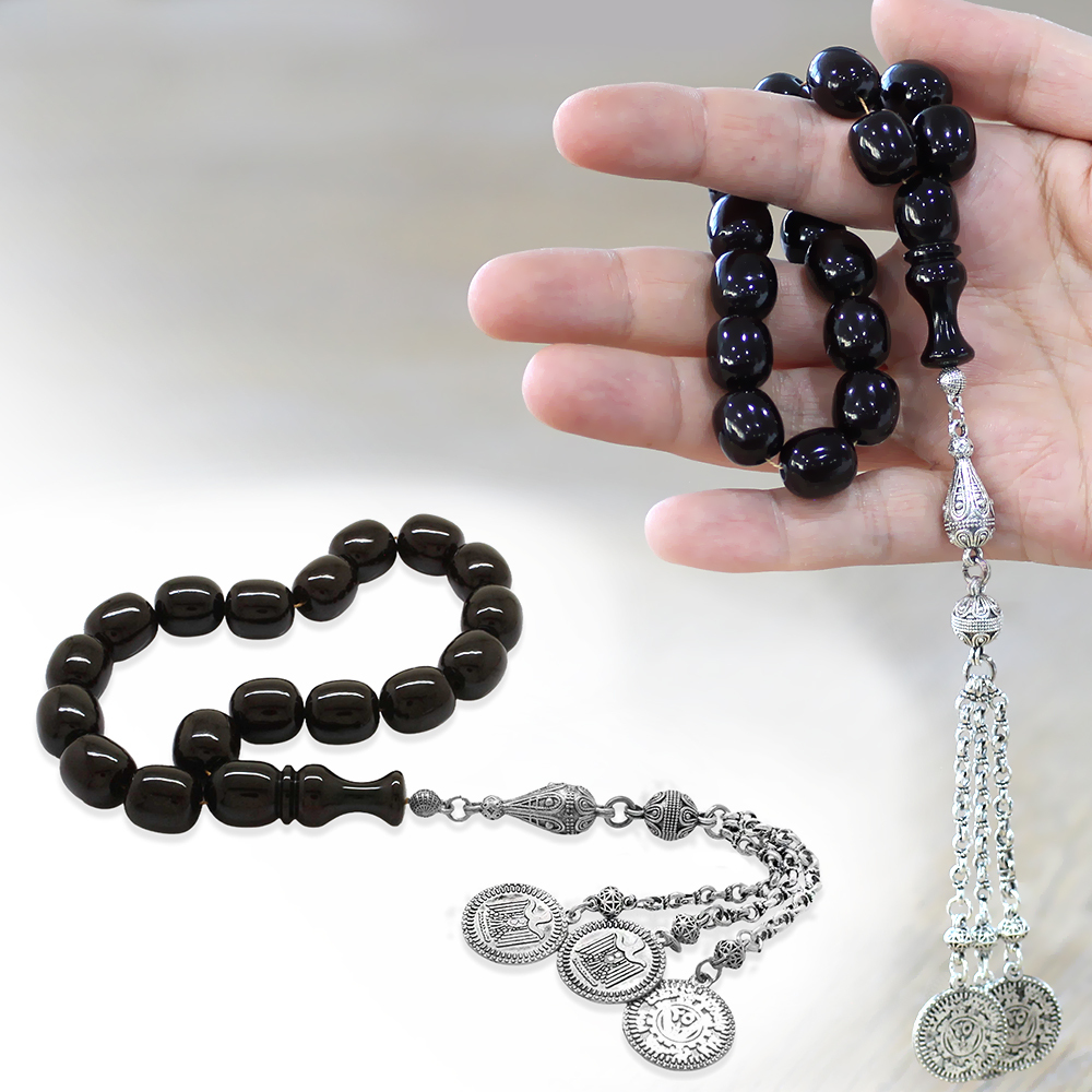 Sıkma Kehribar Efe Tesbih - 3 Kamçılı Kararmaz Metal Püsküllü - Siyah Renk - Kapsül Kesim - 1