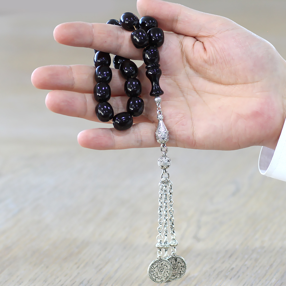 Sıkma Kehribar Efe Tesbih - 3 Kamçılı Kararmaz Metal Püsküllü - Siyah Renk - Kapsül Kesim - 2