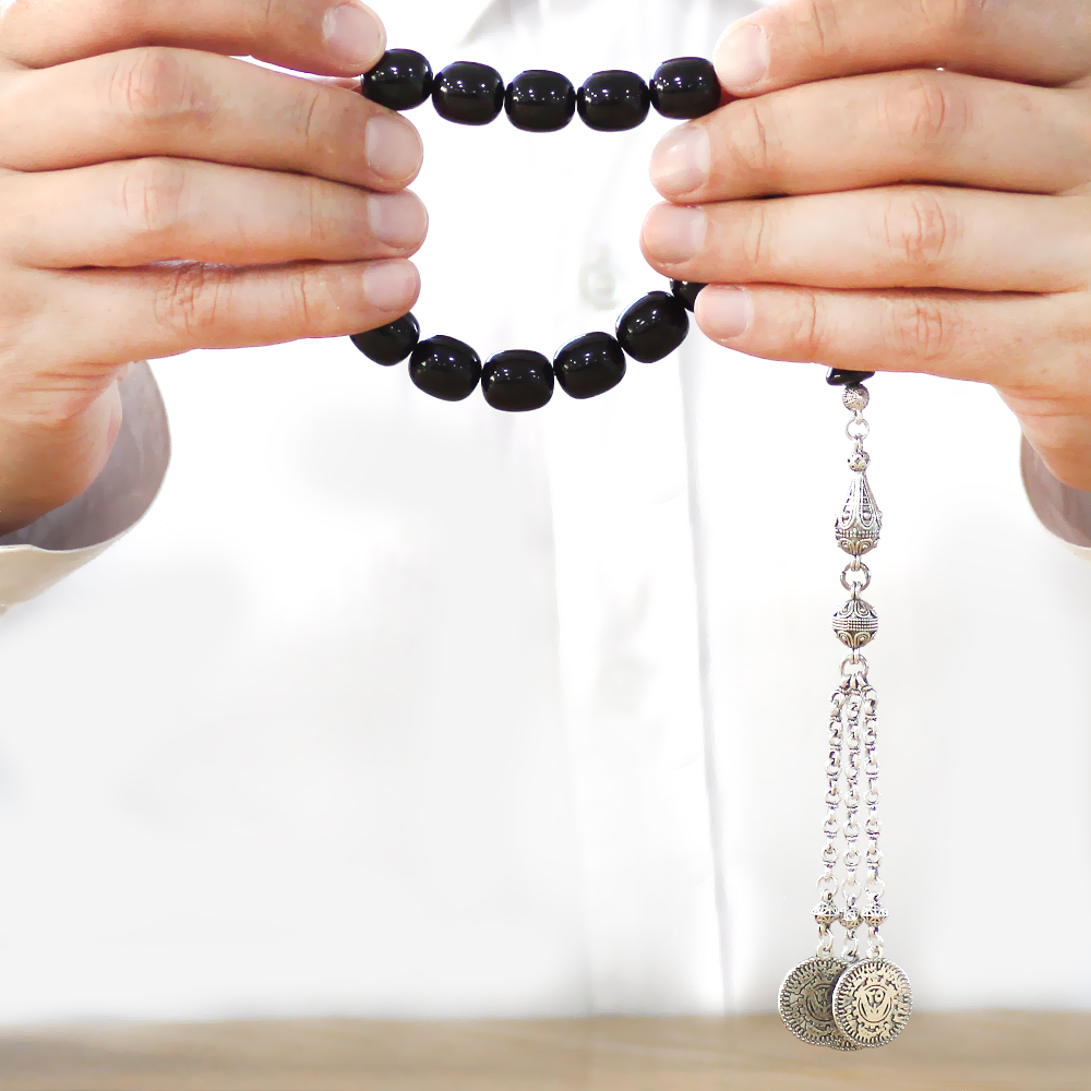 Sıkma Kehribar Efe Tesbih - 3 Kamçılı Kararmaz Metal Püsküllü - Siyah Renk - Kapsül Kesim - 3