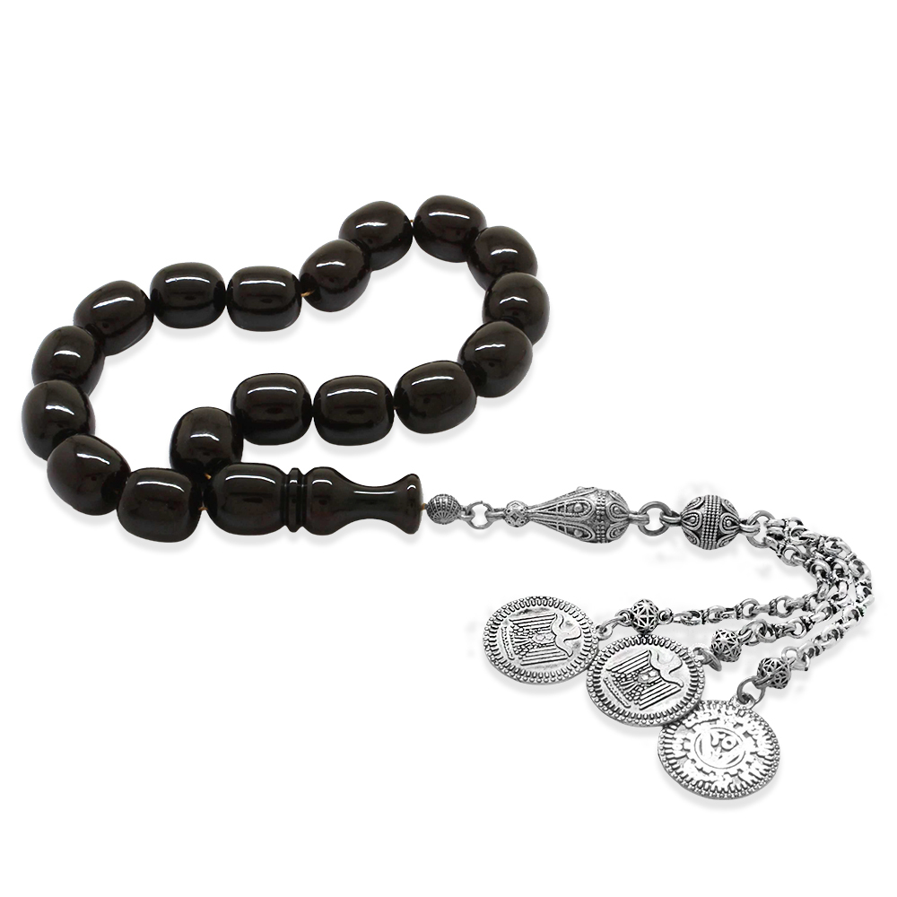 Sıkma Kehribar Efe Tesbih - 3 Kamçılı Kararmaz Metal Püsküllü - Siyah Renk - Kapsül Kesim - 4