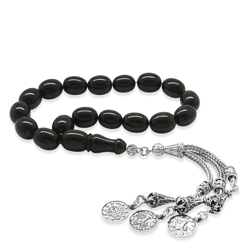 Sıkma Kehribar Efe Tesbih - 3 lü Kamçı Kararmaz Metal Püsküllü - Siyah Renk - Özel Kesim - 4