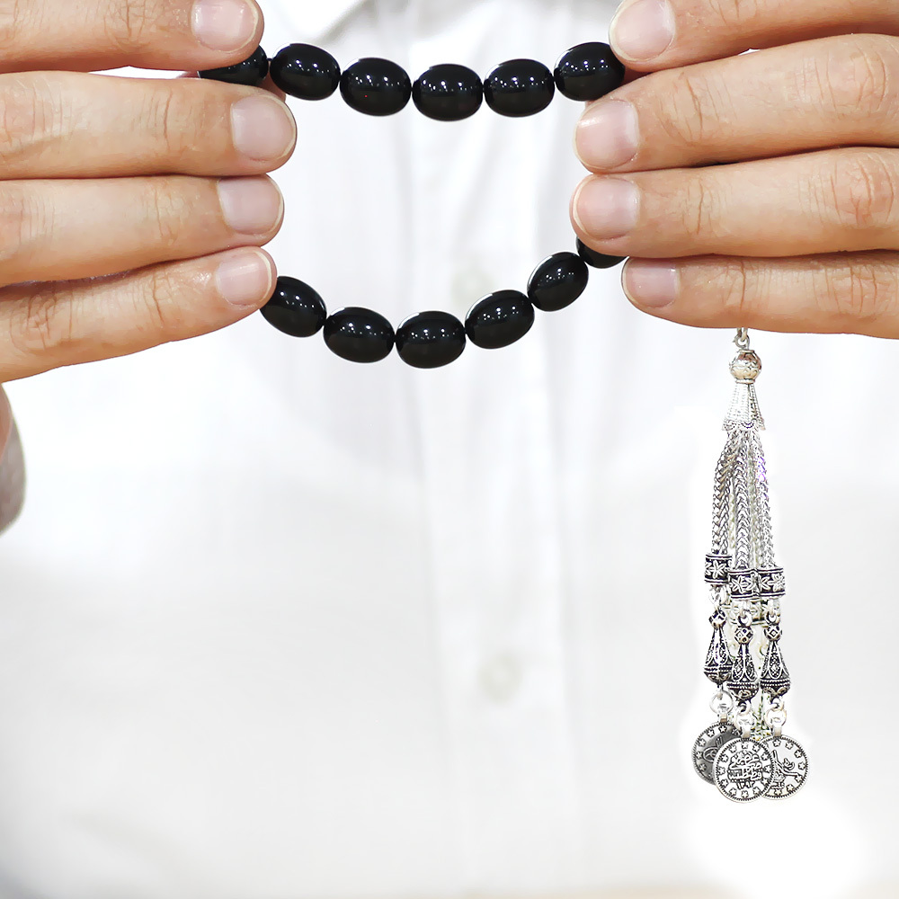 Sıkma Kehribar Efe Tesbih - 3 lü Kamçı Kararmaz Metal Püsküllü - Siyah Renk - Özel Kesim - 3