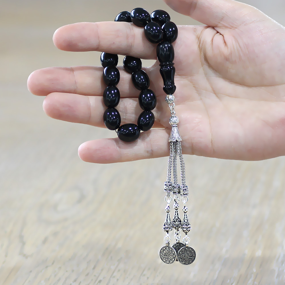 Sıkma Kehribar Efe Tesbih - 3 lü Kamçı Kararmaz Metal Püsküllü - Siyah Renk - Özel Kesim - 2