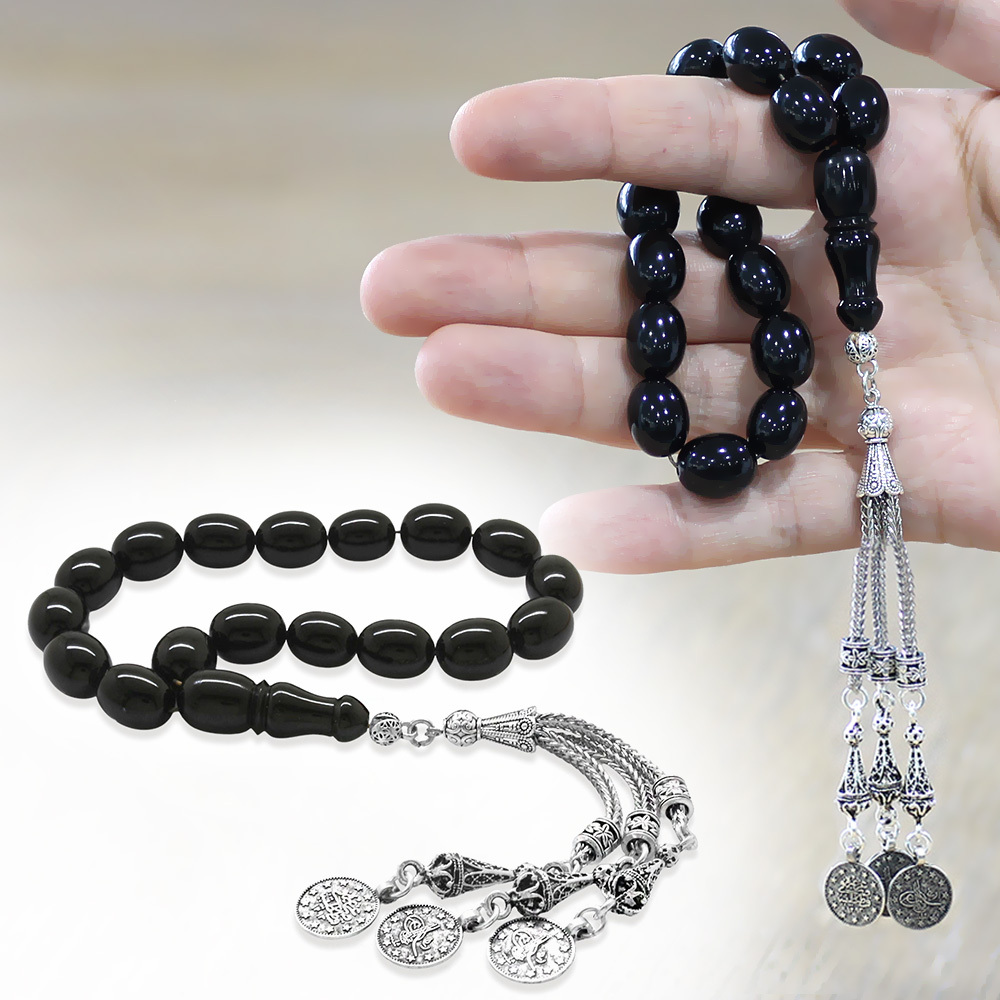 Sıkma Kehribar Efe Tesbih - 3 lü Kamçı Kararmaz Metal Püsküllü - Siyah Renk - Özel Kesim - 1