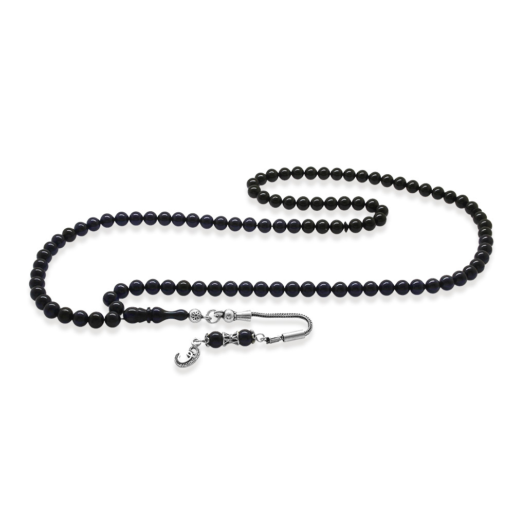 Sıkma Kehribar Namaz Tesbihi - 925 Ayar Gümüş Vav Püsküllü - Süzme Mavi Siyah - Küre Kesim - 4