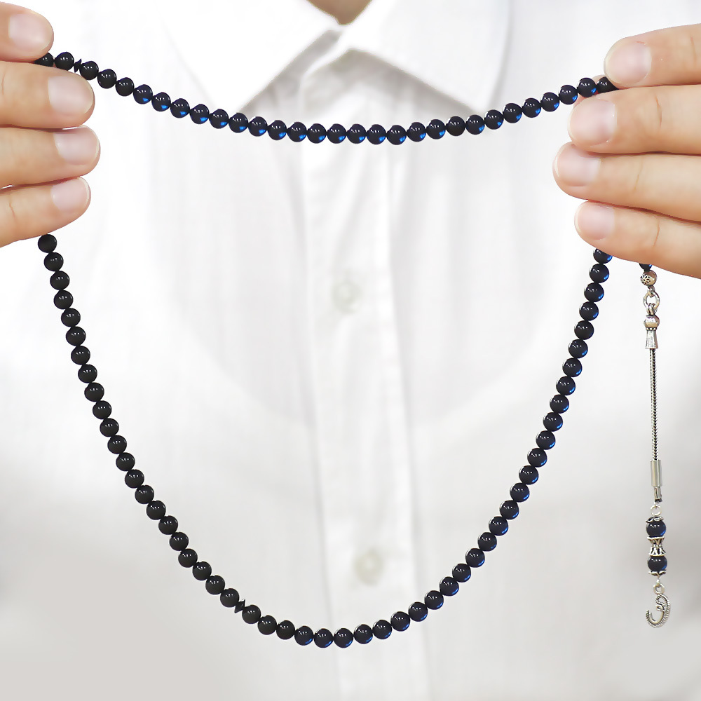 Sıkma Kehribar Namaz Tesbihi - 925 Ayar Gümüş Vav Püsküllü - Süzme Mavi Siyah - Küre Kesim - 3