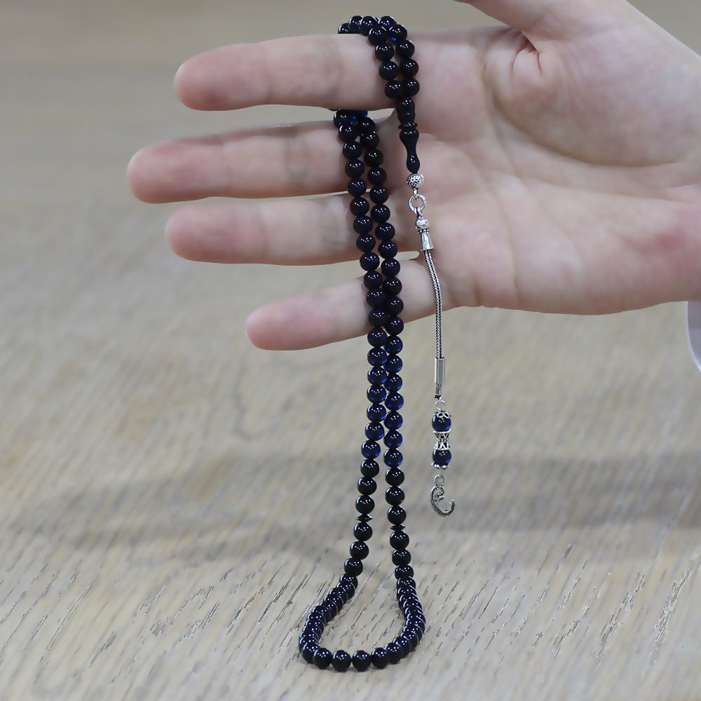 Sıkma Kehribar Namaz Tesbihi - 925 Ayar Gümüş Vav Püsküllü - Süzme Mavi Siyah - Küre Kesim - 2