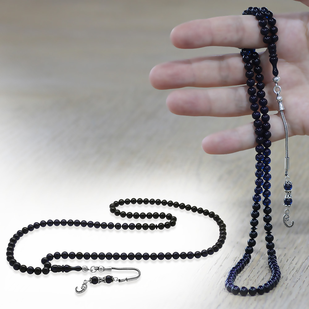 Sıkma Kehribar Namaz Tesbihi - 925 Ayar Gümüş Vav Püsküllü - Süzme Mavi Siyah - Küre Kesim - 1