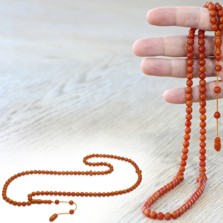 Sıkma Kehribar Namaz Tesbihi - Sistemli - Kahverengi - Özel Kesim - Tesbihane