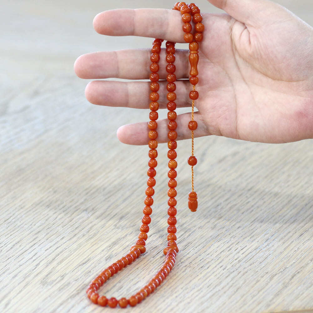 Sıkma Kehribar Namaz Tesbihi - Sistemli - Kahverengi - Özel Kesim - 2
