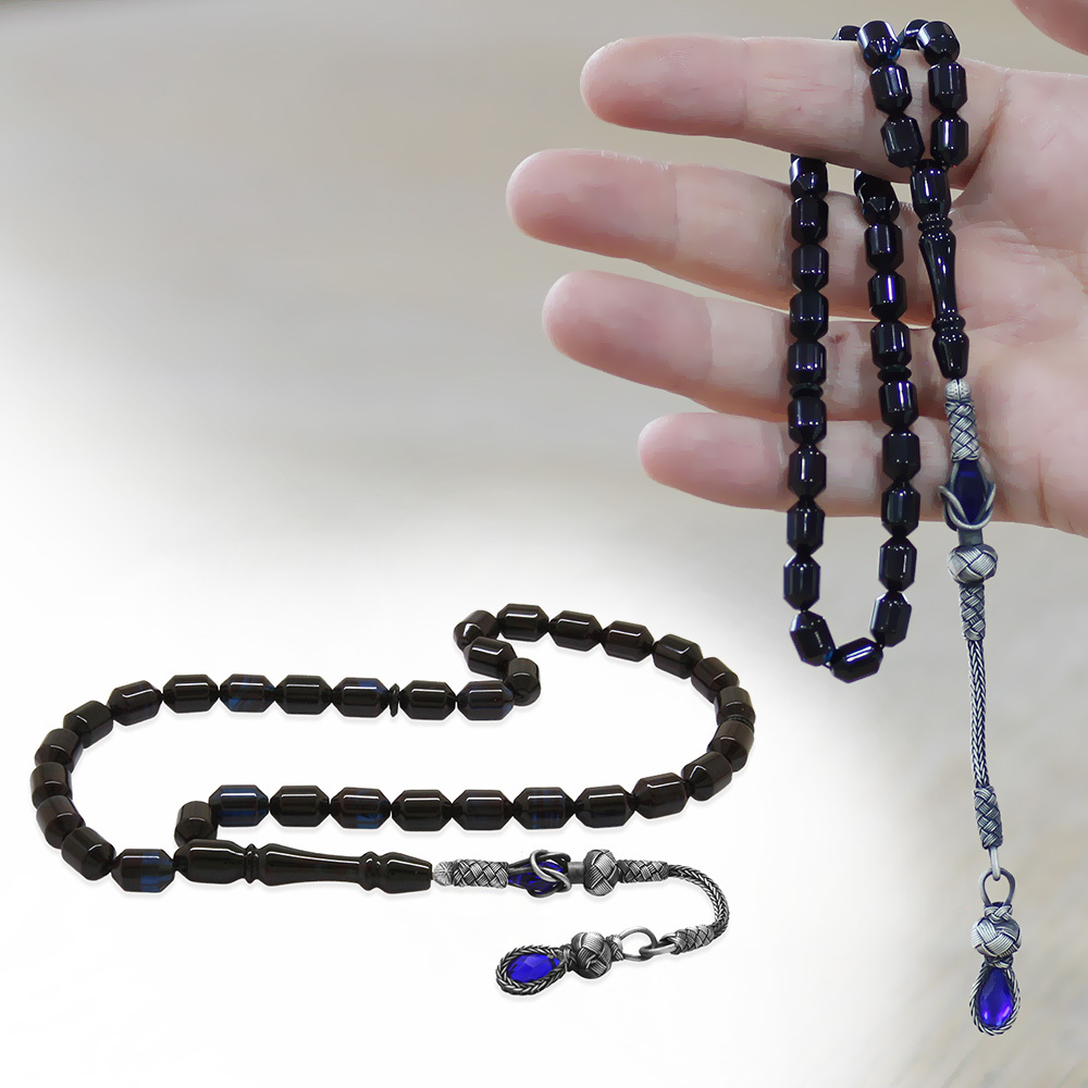 Sıkma Kehribar Tesbih - 1000 Ayar Gümüş Kazaz Püsküllü - Mavi Siyah Renk - Kapsül Kesim - 1