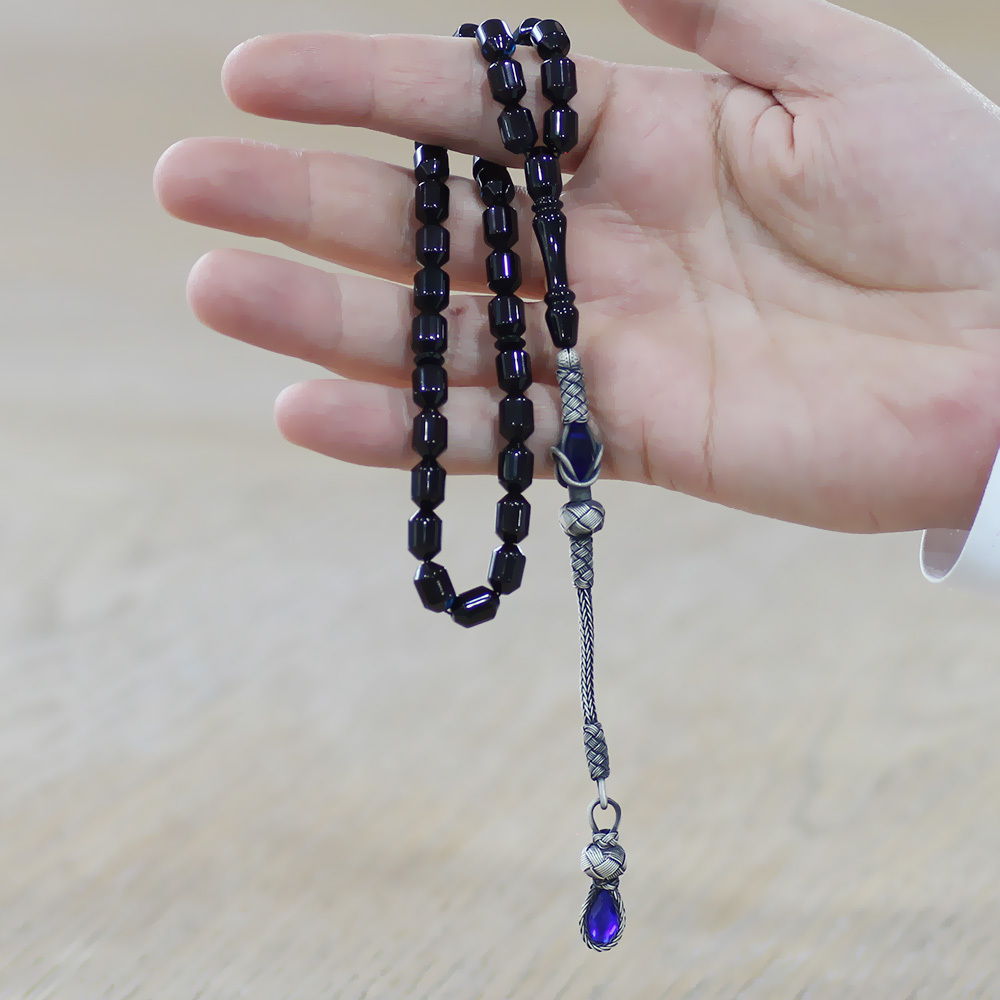 Sıkma Kehribar Tesbih - 1000 Ayar Gümüş Kazaz Püsküllü - Mavi Siyah Renk - Kapsül Kesim - 2