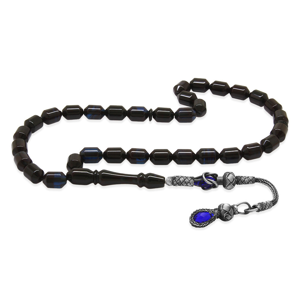 Sıkma Kehribar Tesbih - 1000 Ayar Gümüş Kazaz Püsküllü - Mavi Siyah Renk - Kapsül Kesim - 4