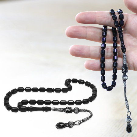 Sıkma Kehribar Tesbih - 1000 Ayar Gümüş Kazaz Püsküllü - Siyah Renk - Kapsül Kesim - Tesbihane