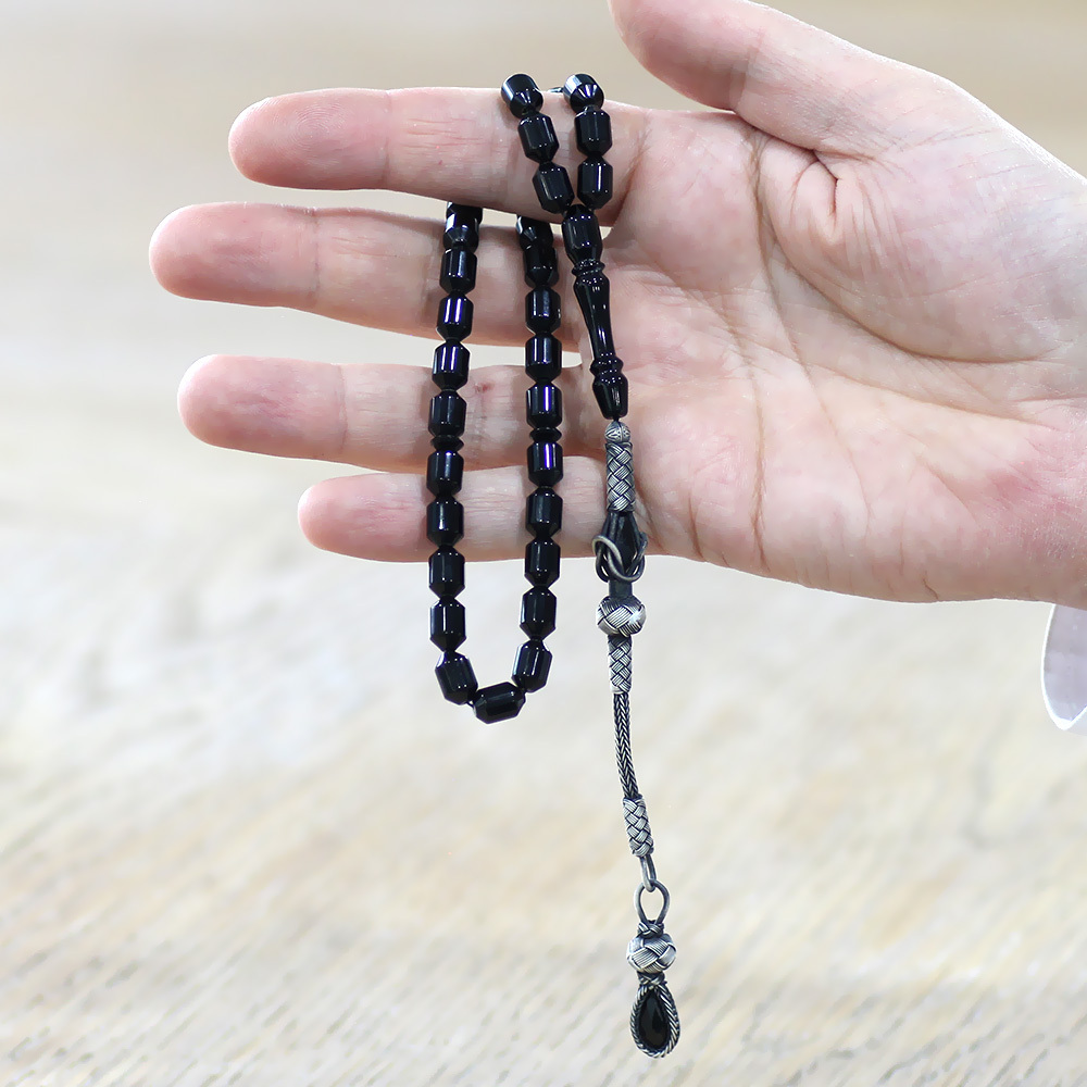 Sıkma Kehribar Tesbih - 1000 Ayar Gümüş Kazaz Püsküllü - Siyah Renk - Kapsül Kesim - 2