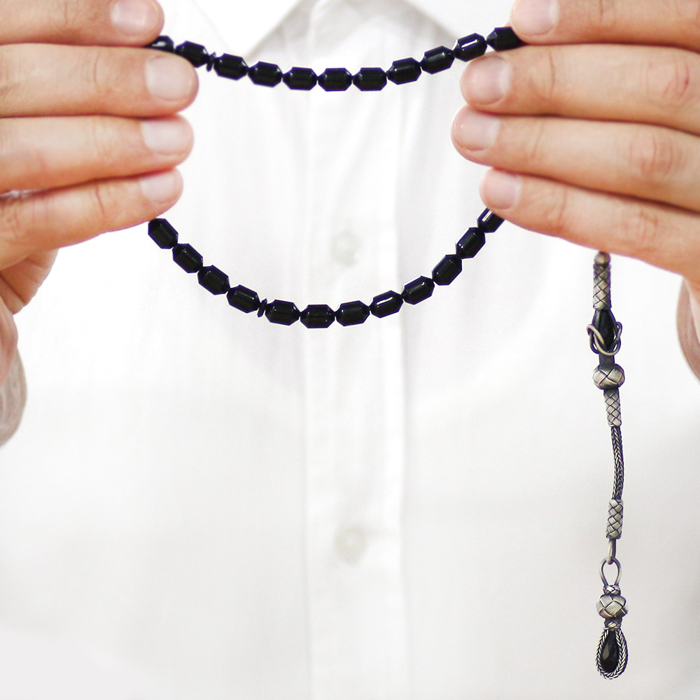 Sıkma Kehribar Tesbih - 1000 Ayar Gümüş Kazaz Püsküllü - Siyah Renk - Kapsül Kesim - 3