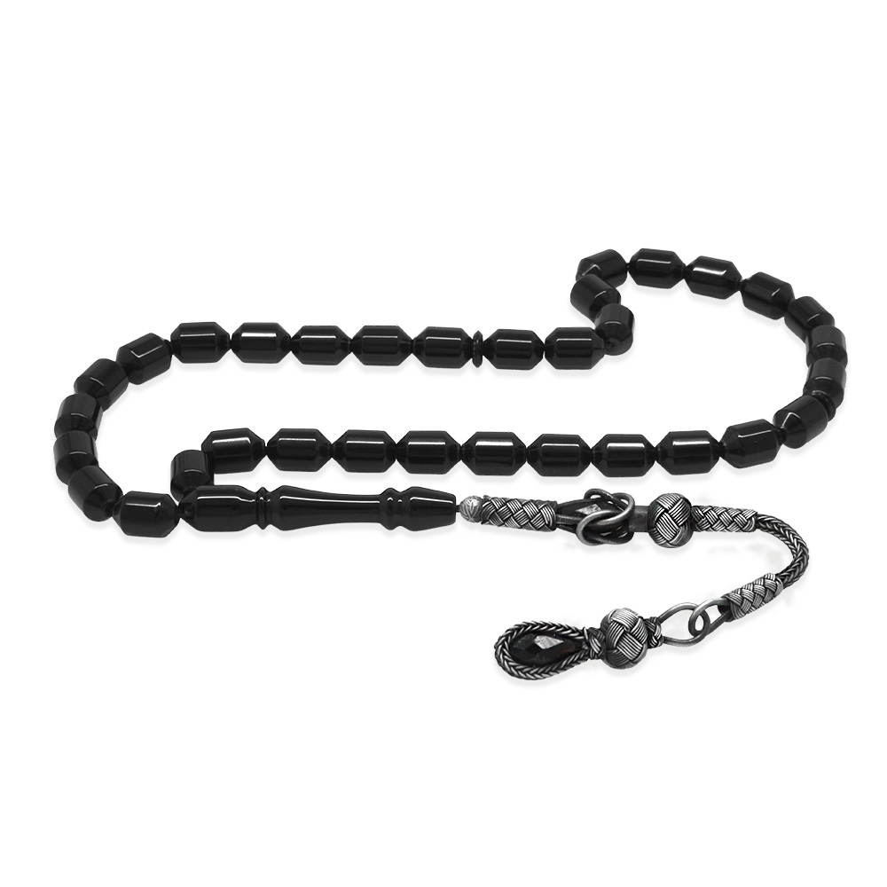 Sıkma Kehribar Tesbih - 1000 Ayar Gümüş Kazaz Püsküllü - Siyah Renk - Kapsül Kesim - 4