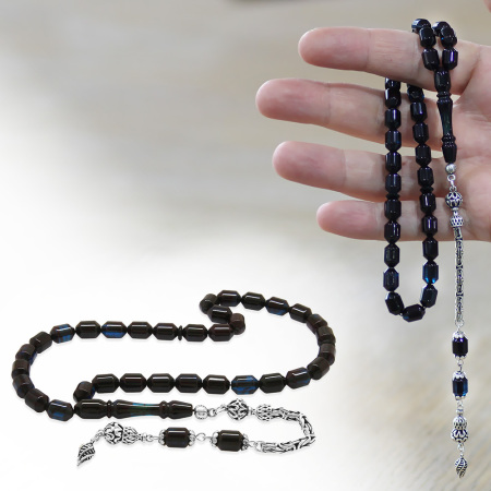 Sıkma Kehribar Tesbih - 925 Ayar Gümüş Kral Püsküllü - Mavi Siyah Renk - Kapsül Kesim - Tesbihane