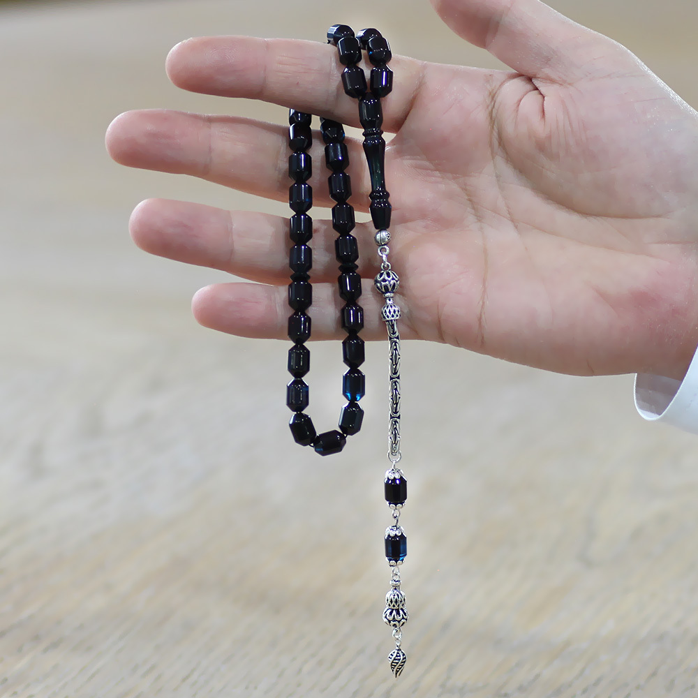 Sıkma Kehribar Tesbih - 925 Ayar Gümüş Kral Püsküllü - Mavi Siyah Renk - Kapsül Kesim - 2