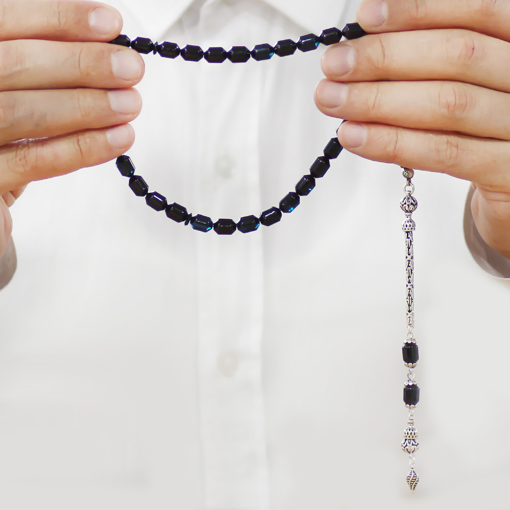 Sıkma Kehribar Tesbih - 925 Ayar Gümüş Kral Püsküllü - Mavi Siyah Renk - Kapsül Kesim - 3