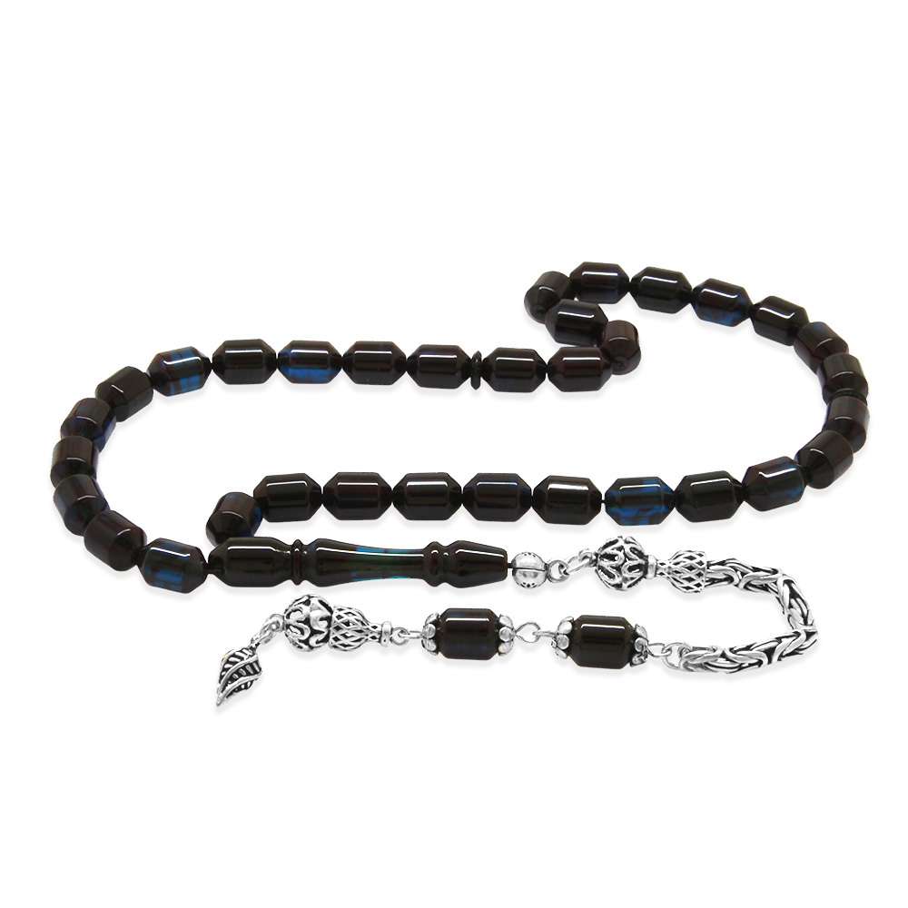 Sıkma Kehribar Tesbih - 925 Ayar Gümüş Kral Püsküllü - Mavi Siyah Renk - Kapsül Kesim - 4