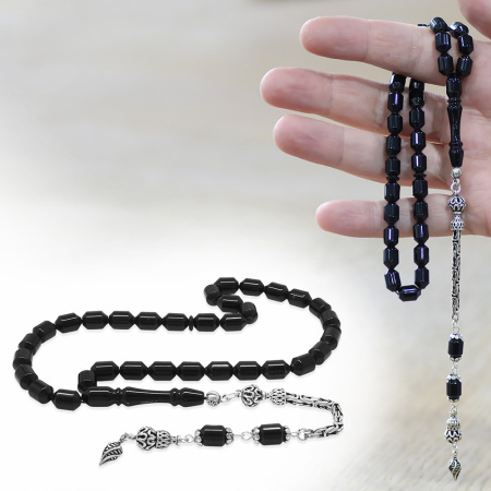 Sıkma Kehribar Tesbih - 925 Ayar Gümüş Kral Püsküllü - Siyah Renk - Kapsül Kesim - Tesbihane