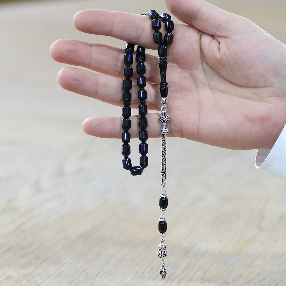 Sıkma Kehribar Tesbih - 925 Ayar Gümüş Kral Püsküllü - Siyah Renk - Kapsül Kesim - 2