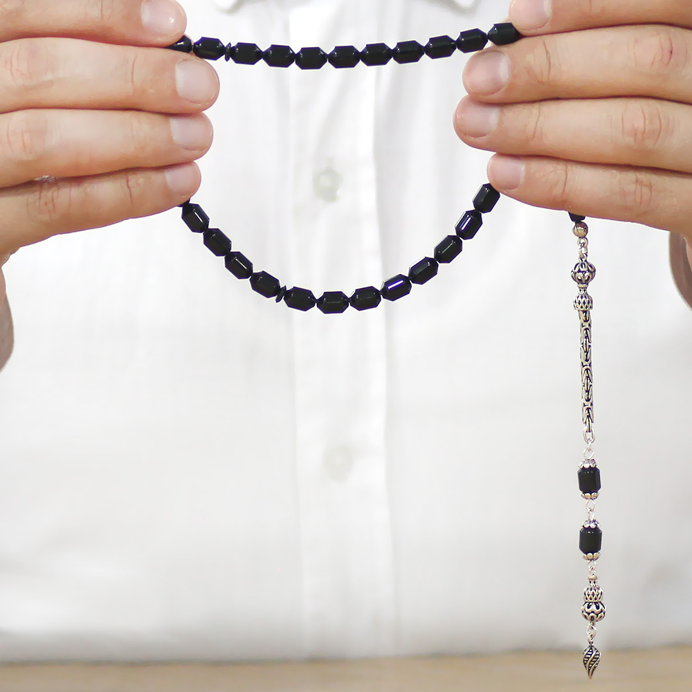 Sıkma Kehribar Tesbih - 925 Ayar Gümüş Kral Püsküllü - Siyah Renk - Kapsül Kesim - 3