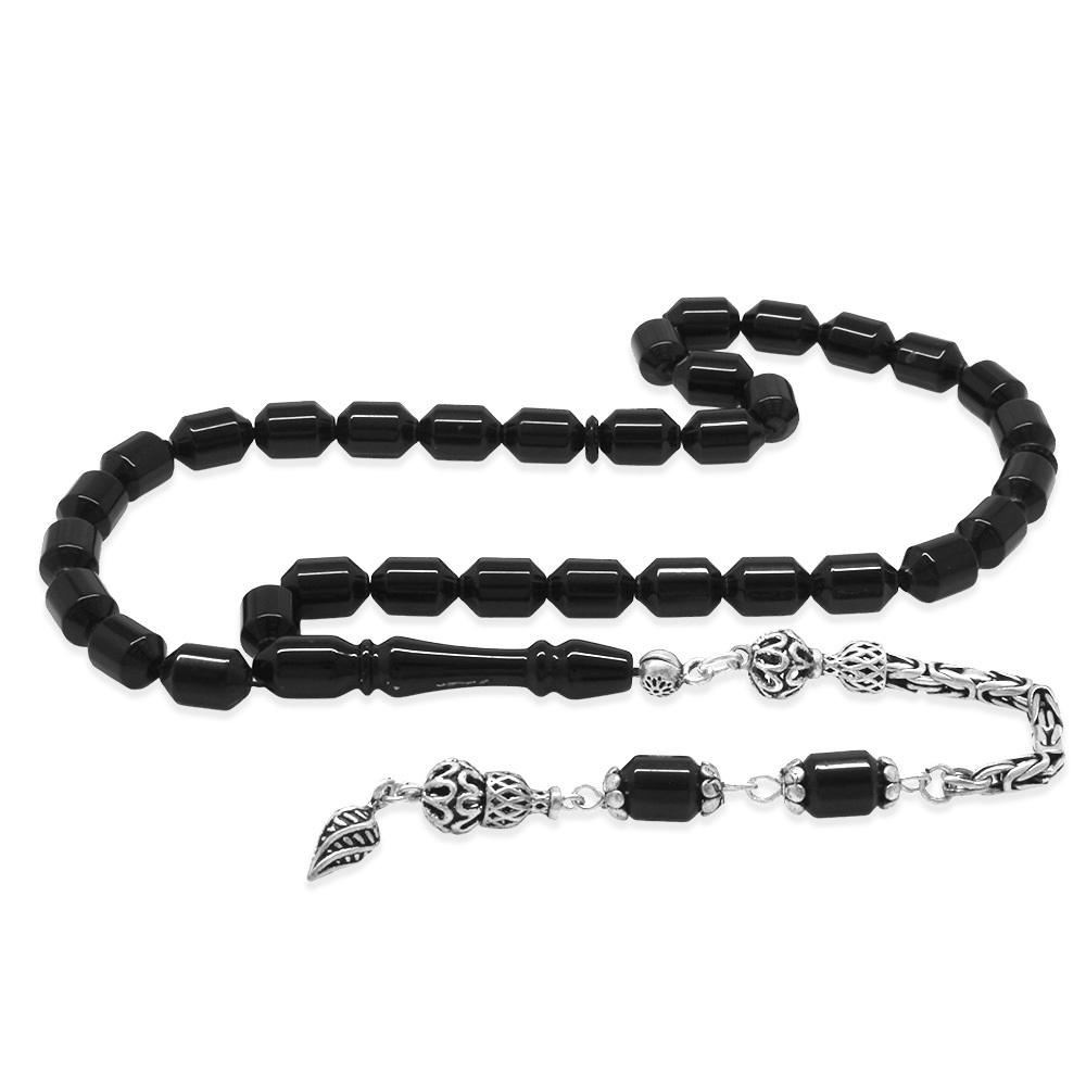 Sıkma Kehribar Tesbih - 925 Ayar Gümüş Kral Püsküllü - Siyah Renk - Kapsül Kesim - 4