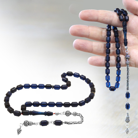 Sıkma Kehribar Tesbih - 925 Ayar Gümüş Kral Zincir Püsküllü - Elmas Kesim - Mavi Siyah Renk - Tesbihane