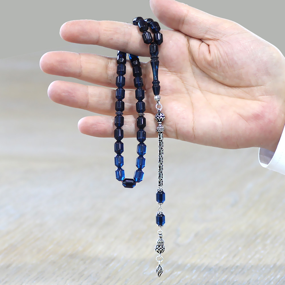 Sıkma Kehribar Tesbih - 925 Ayar Gümüş Kral Zincir Püsküllü - Elmas Kesim - Mavi Siyah Renk - 2