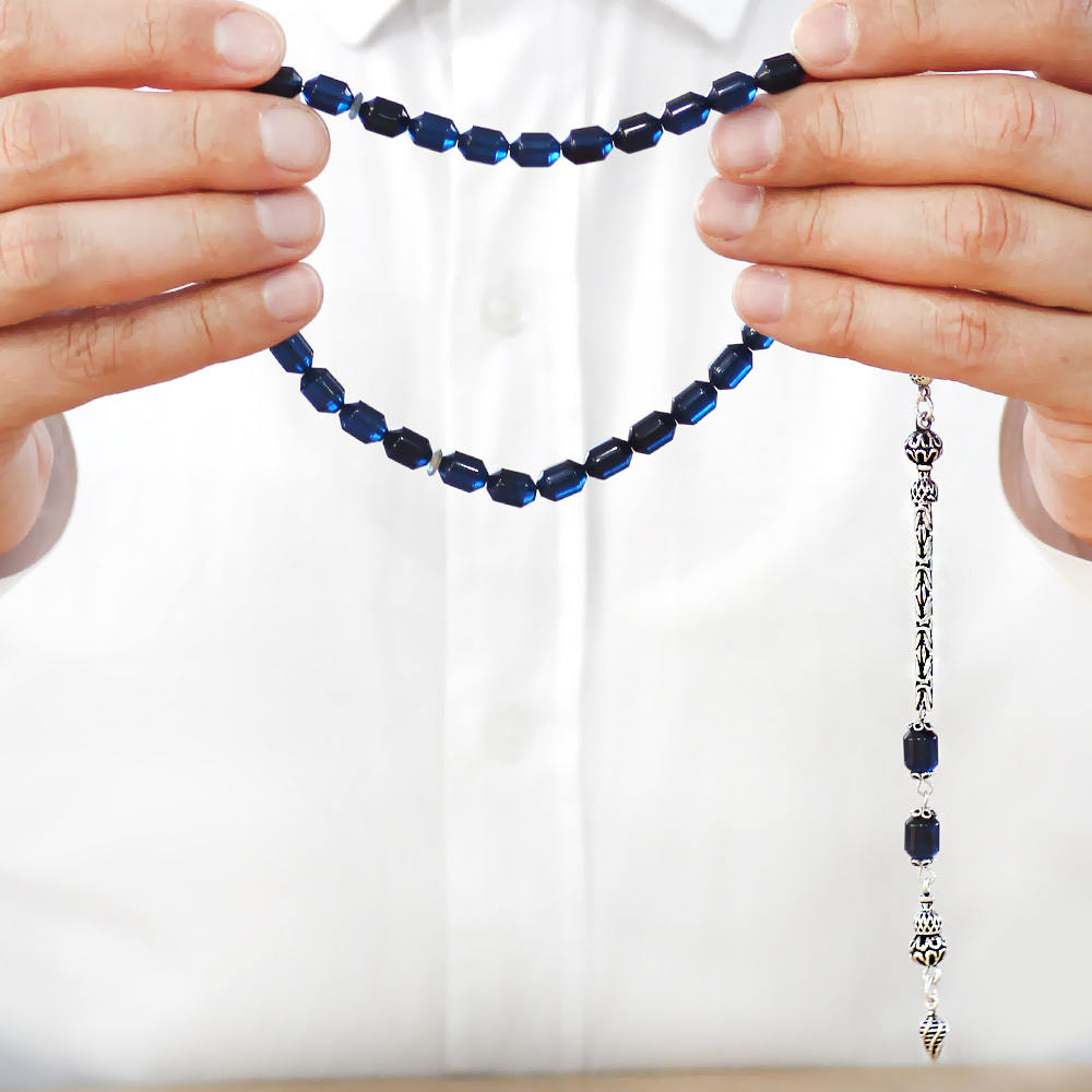 Sıkma Kehribar Tesbih - 925 Ayar Gümüş Kral Zincir Püsküllü - Elmas Kesim - Mavi Siyah Renk - 3