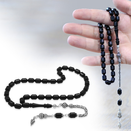 Sıkma Kehribar Tesbih - 925 Ayar Gümüş Kral Zincir Püsküllü - Elmas Kesim - Siyah Renk - Tesbihane