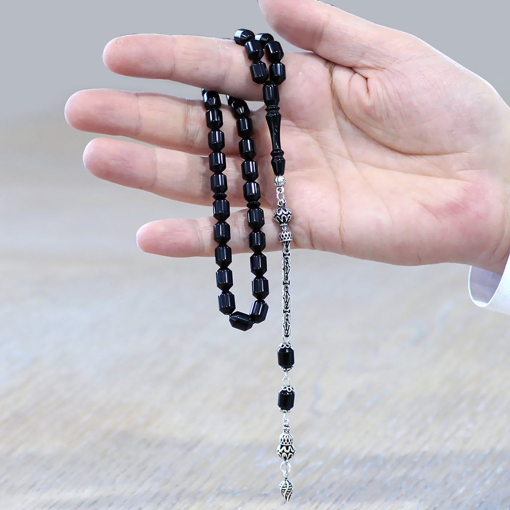 Sıkma Kehribar Tesbih - 925 Ayar Gümüş Kral Zincir Püsküllü - Elmas Kesim - Siyah Renk - 2