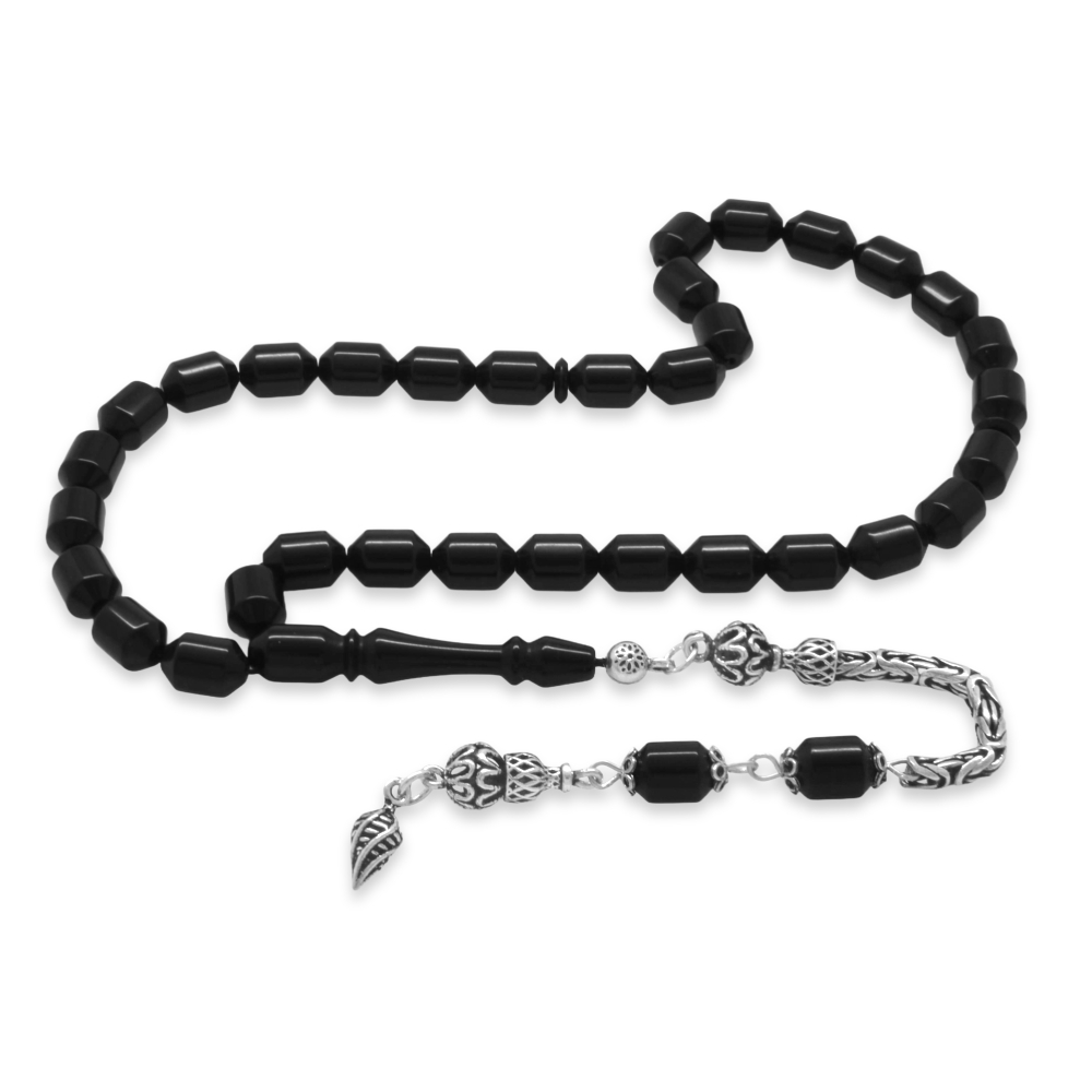 Sıkma Kehribar Tesbih - 925 Ayar Gümüş Kral Zincir Püsküllü - Elmas Kesim - Siyah Renk - 4